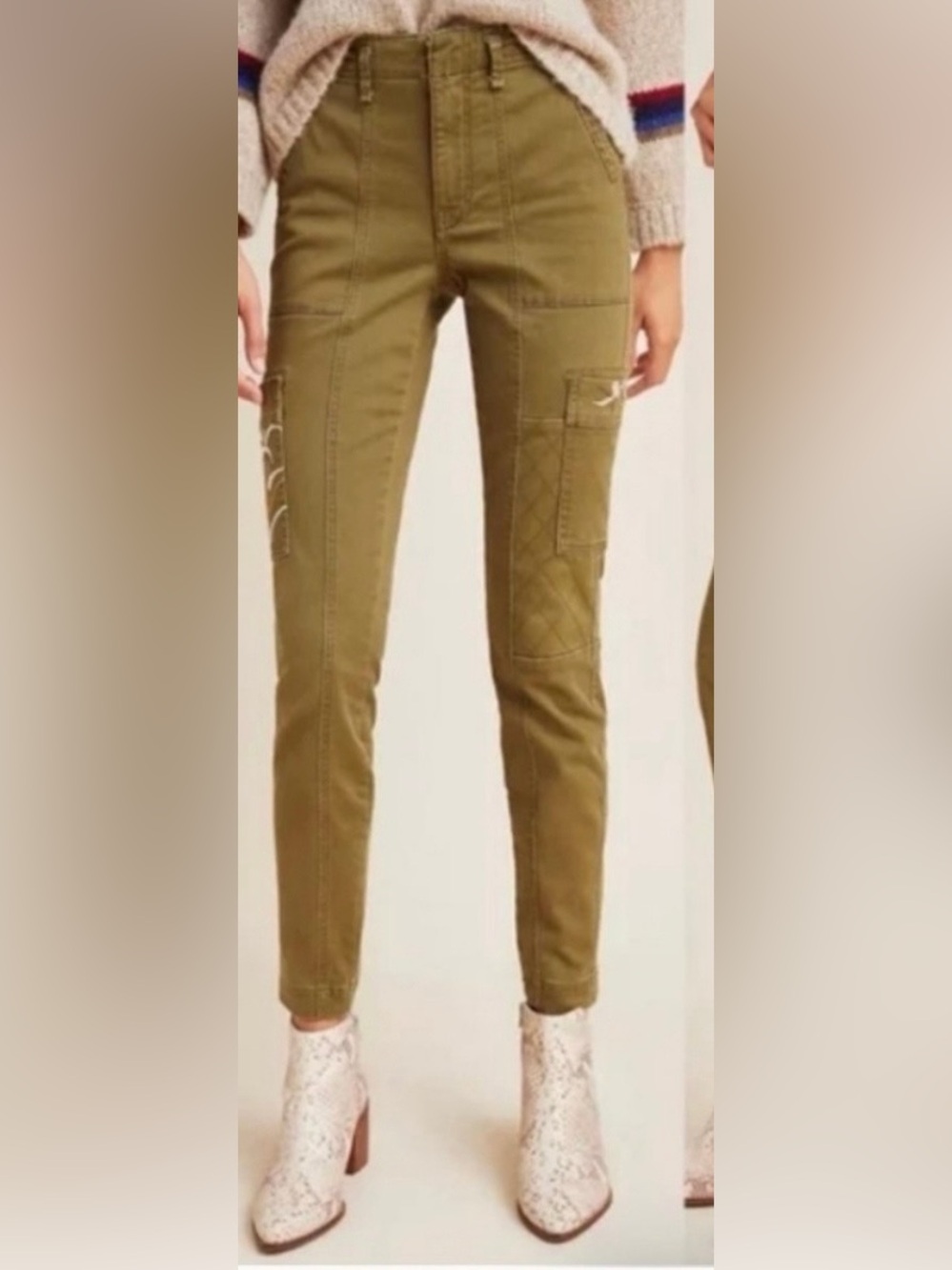 Anthropologie Khaki Embroidered Cargo Pants, Size 25, 8” rise, 27” L